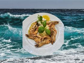 Fischgericht Nr. 48: Scampi vom Grill mit Kräuterbutter, Butterreis, Tzatziki, Salat