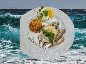 Fischgericht Nr. 49: Sardinen frittiert, Djuvec-Reis, Tzatziki, Salat