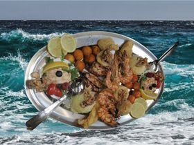 Fischgericht Nr. 50: Fischplatte Scampi, Calamari, Sardinen, Garnelencocktail, Fischfilet, Djuvec-Reis, Tzatziki, Salat (mind. 2 Personen)